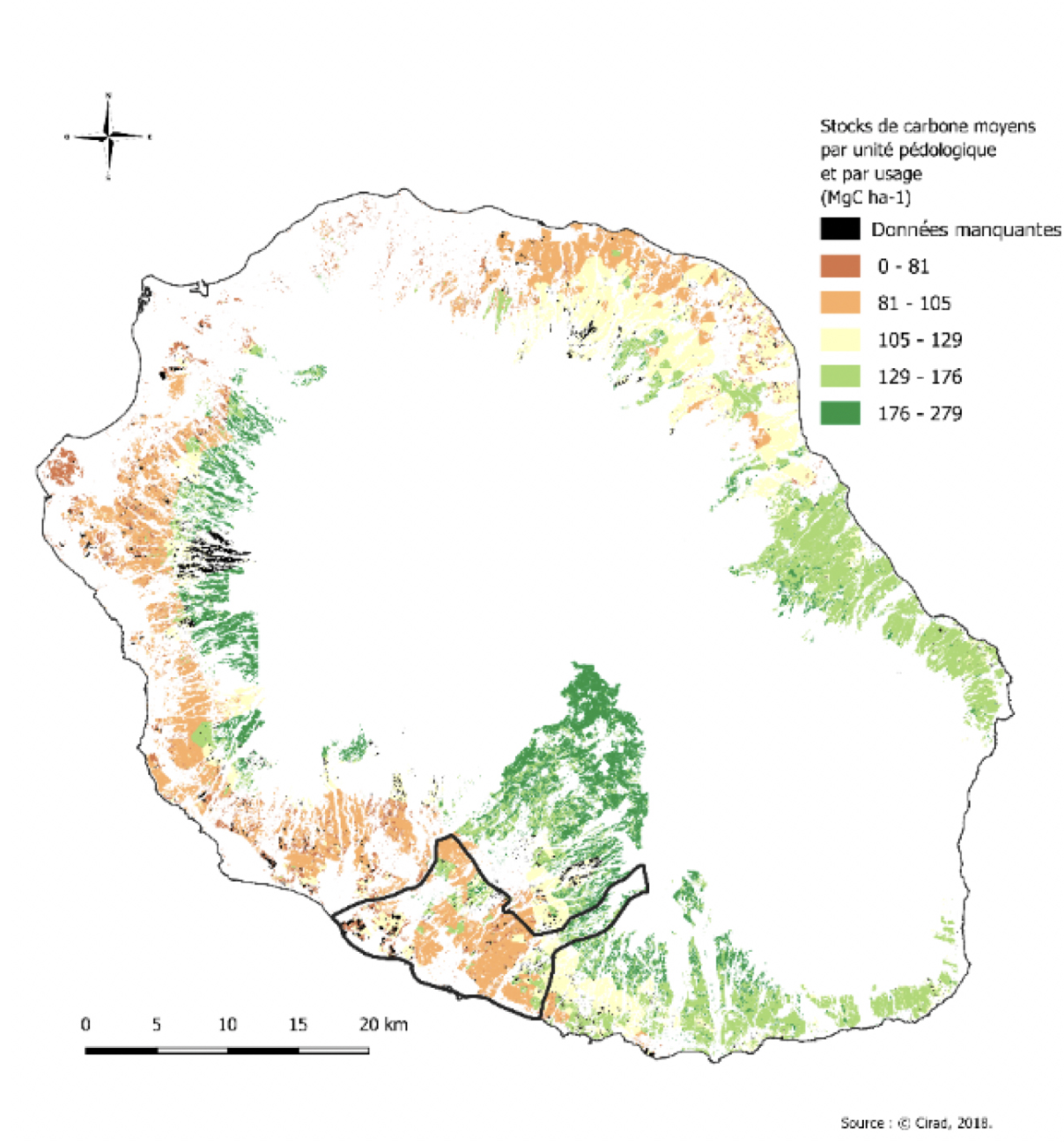 Carte d'évaluation des stocks de carbone de sols agricoles réunionnais par le CIRAD
